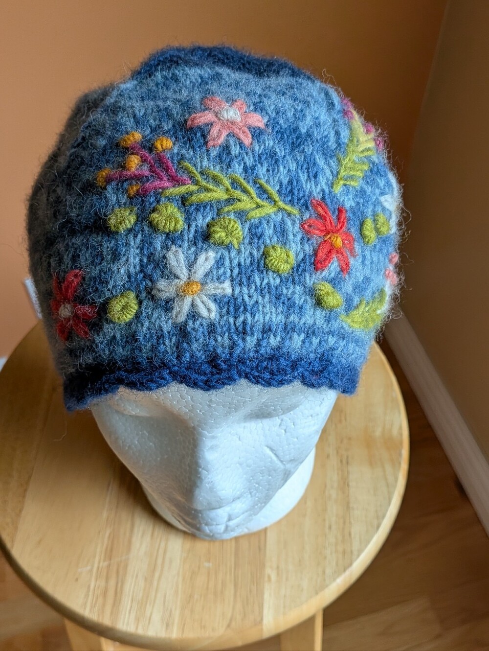 Lost Horizons Blue Floral Embroidered Women's Hat 100% Wool